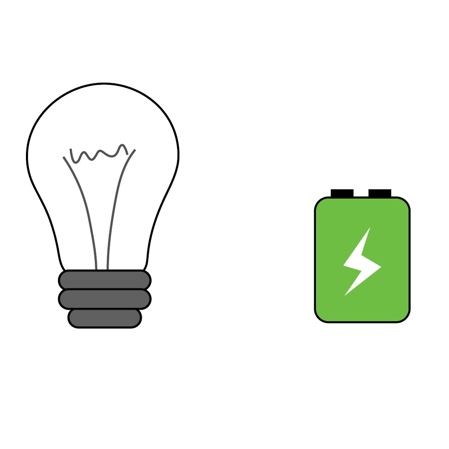 Arrows showing the connection between a lightbulb and a battery
