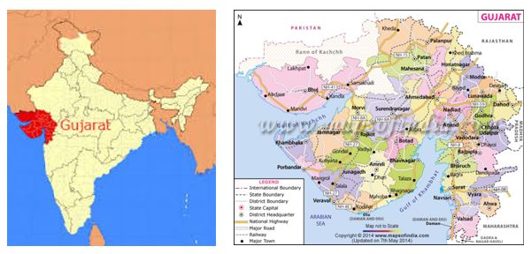 One larger and one more detailed map of Gujarat, India