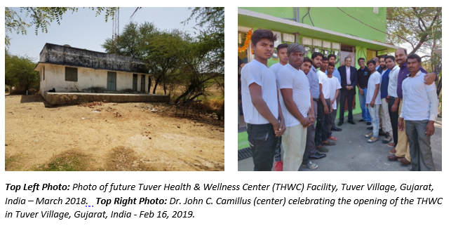 Left photo of building in Gujarat, India; Right photo of Dr. Camillus and staff at opening of THWC in Gujarat